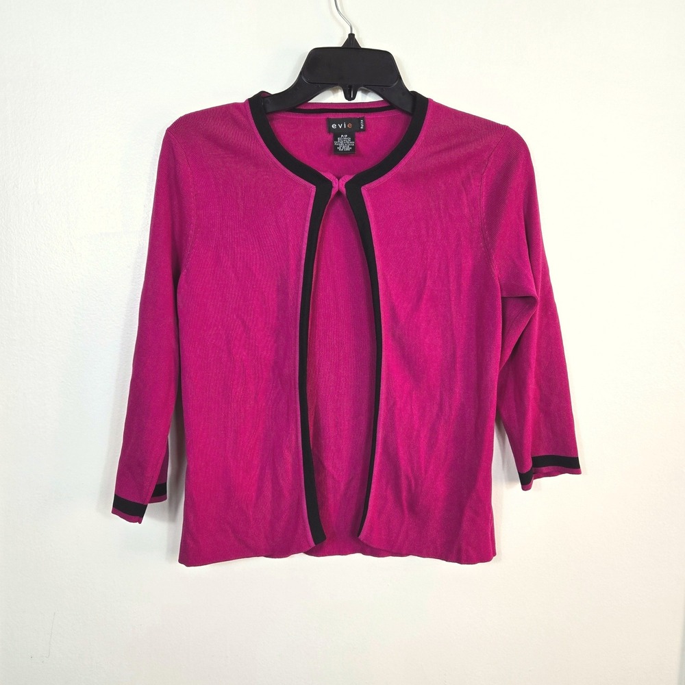 Evie Womens Pink Black Trim Open Front 3/4 Sleeve Vintage Cardigan Petite Small